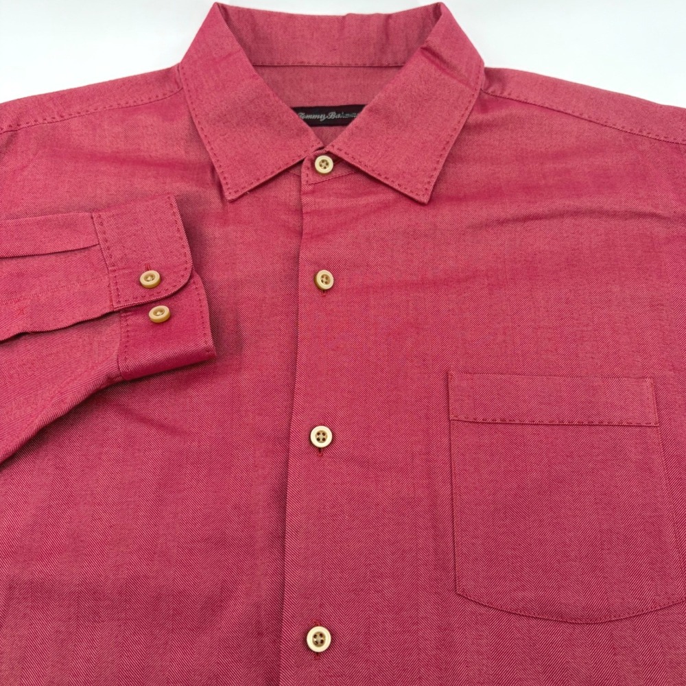 Tommy Bahama‎ Mens Large Raspberry Red Silk Cotton Herringbone Button Down Shirt